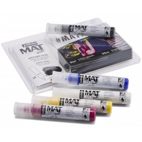 Set of 5 applicators 30ml MAT PUB. Refillable applicator, fine tip, ideal for drawing and writing. Extra matt acrylic, opaque and permanent paint Set of 5 applicators 30ml MAT PUB. Refillable applicator, fine tip, ideal for drawing and writing. Extra matt acrylic, opaque and permanent paint